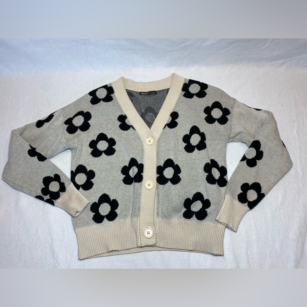 Cute Nikka K Cream & Black Long Sleeve Soft Floral Cardigan Women’s Size XS